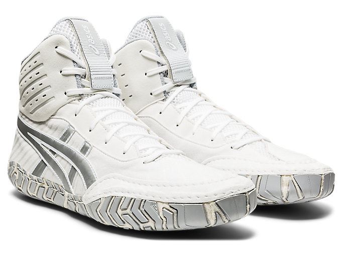 White / Silver Asics Aggressor 4 Men's Wrestling Shoes | NRUQ0495